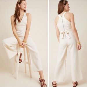 Anthropologie‎ Textured Gauze Halter Wide Leg Jumpsuit Belt Neutral Beige S
